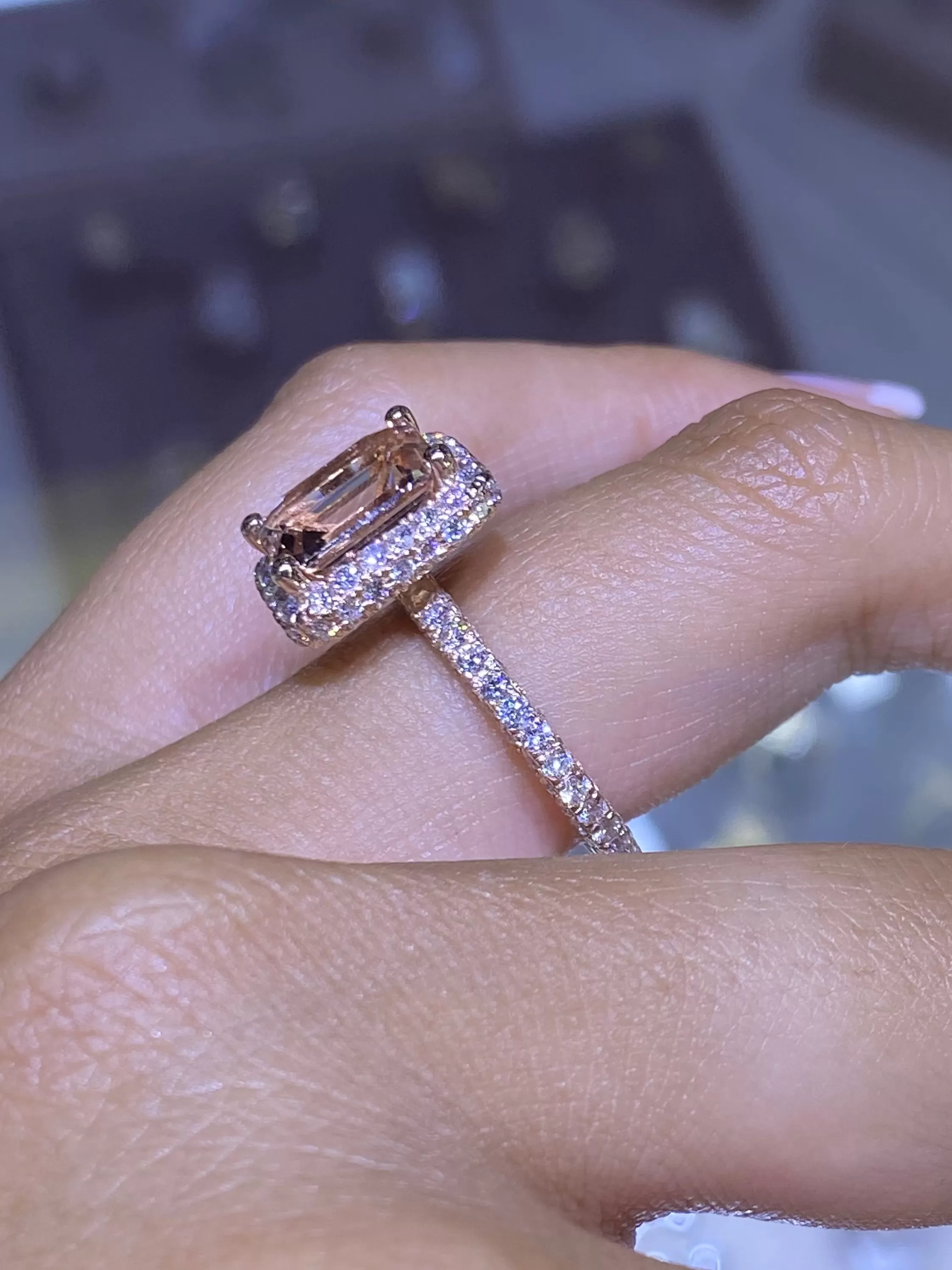 14K Gold Diamond Halo Ring with 3.00 Carat Emerald Cut Morganite Engagement Ring