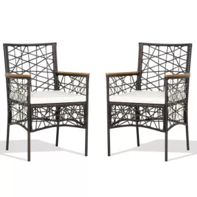 2 Pieces PE Wicker Patio Bistro Dining Chairs with Acacia Wood Armrests and Cushions