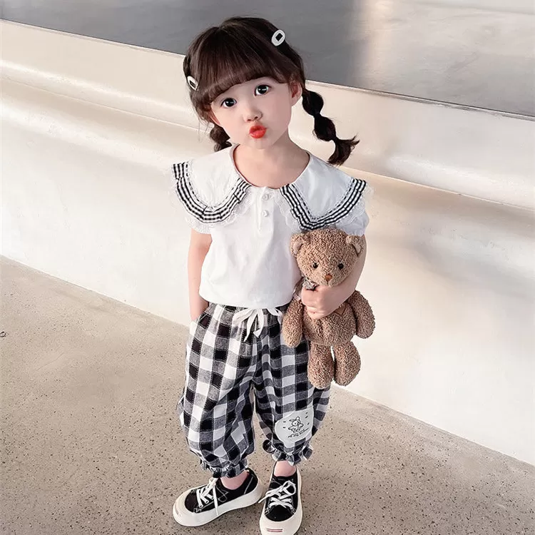 2 Pieces Set Baby Kid Girls Solid Color Tops Checked And Cartoon Pants