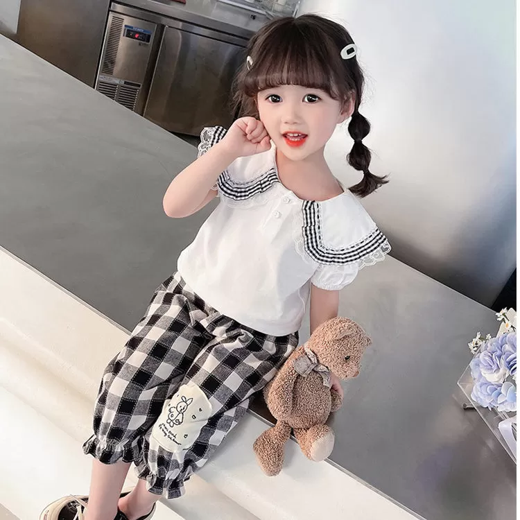 2 Pieces Set Baby Kid Girls Solid Color Tops Checked And Cartoon Pants