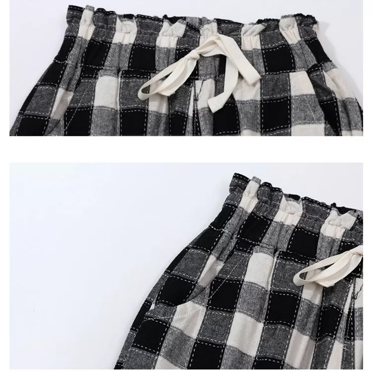 2 Pieces Set Baby Kid Girls Solid Color Tops Checked And Cartoon Pants