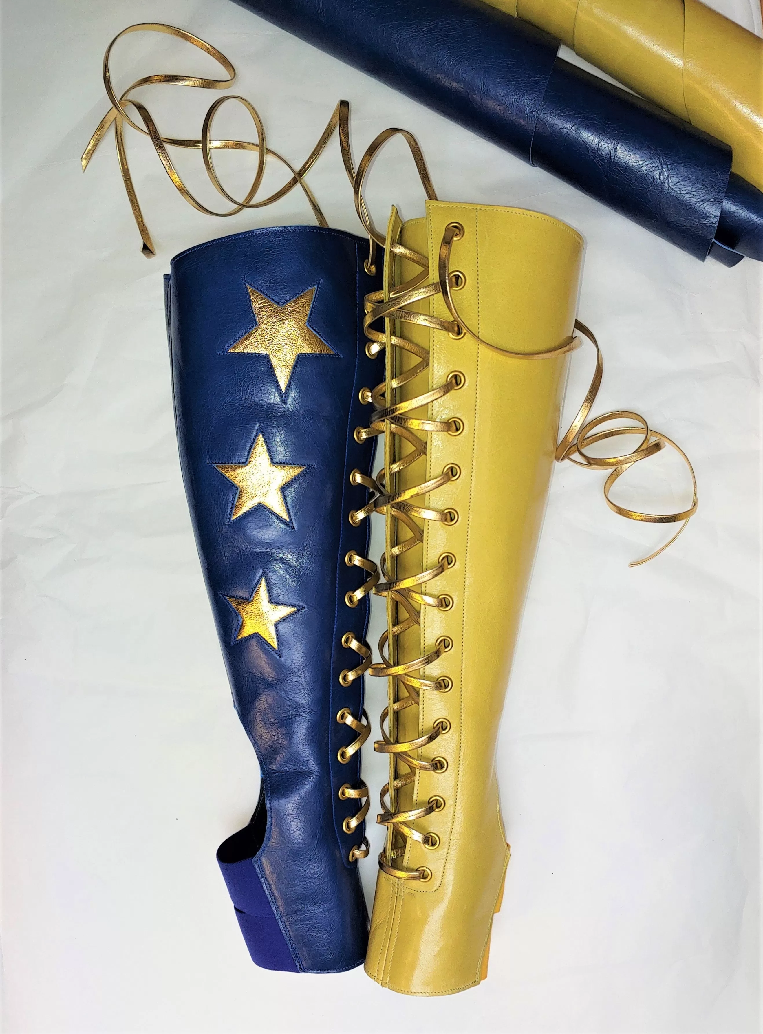 2 Tone Aerial boots w/ FRONT Lacing- Yellow/Blue   3 Gold Stars   ZIPS