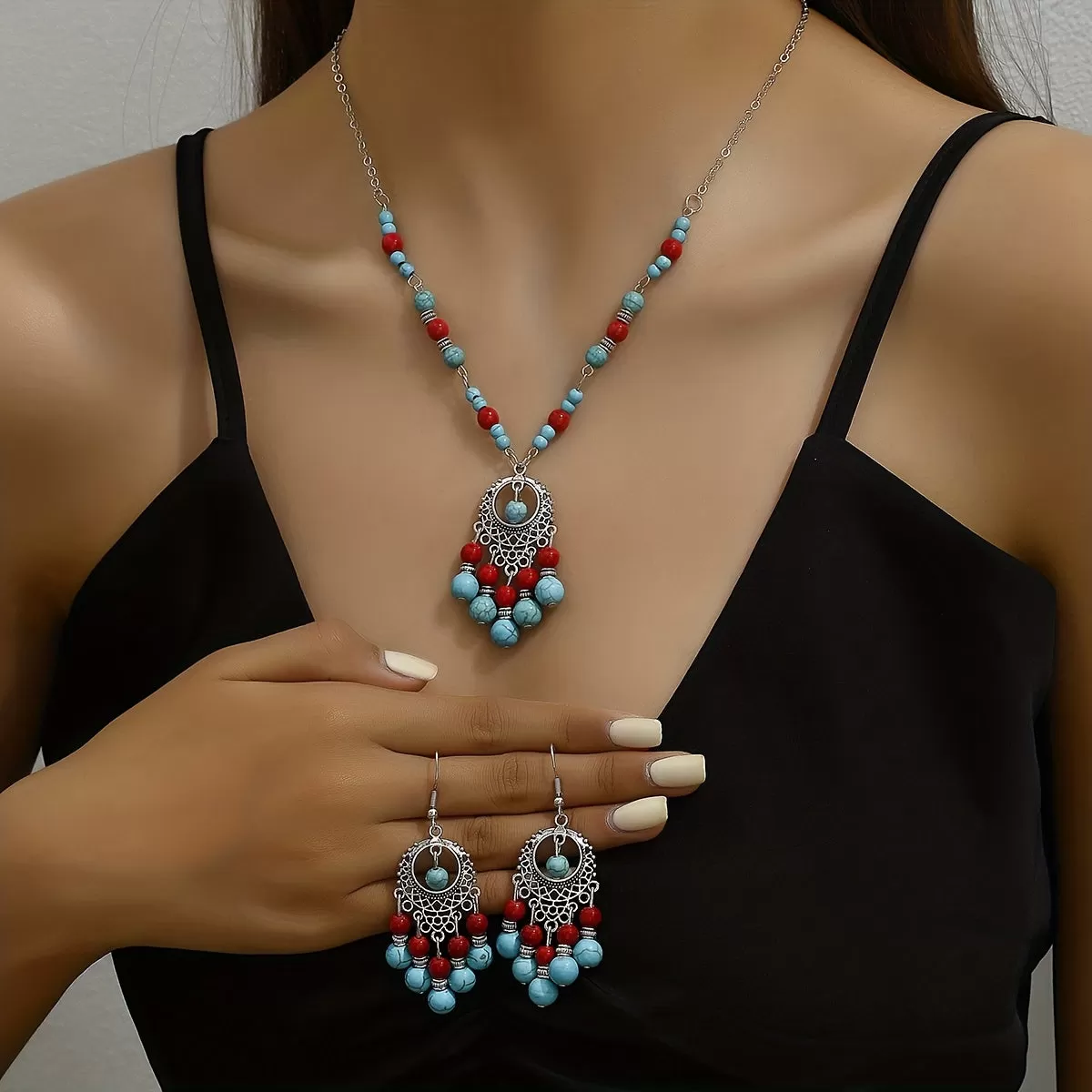 3pcs Earrings Plus Necklace Boho Style Jewelry Set Silver Plated Traditional Lantern Design Match Daily Outfits Perfect Decor For Summer Vacation