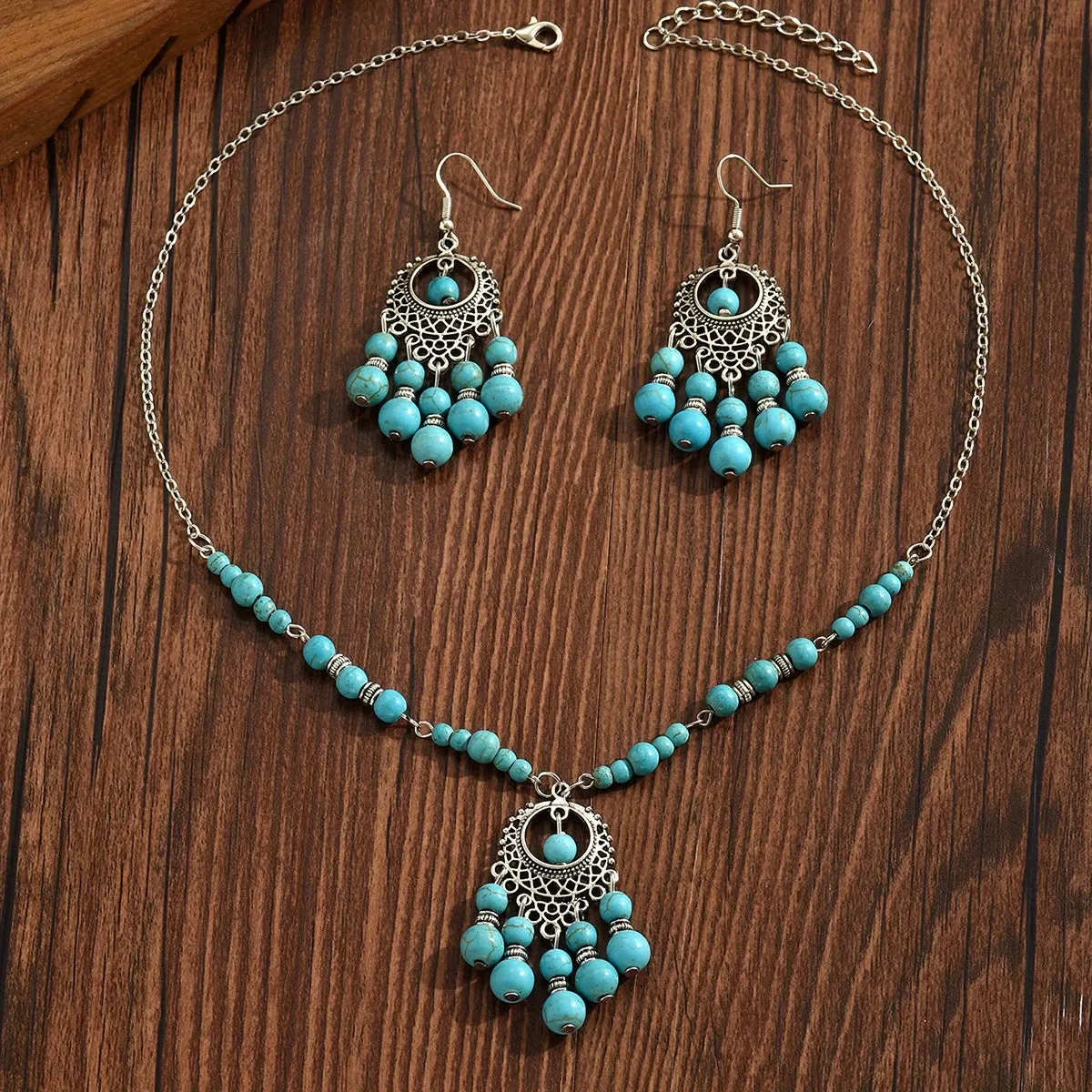 3pcs Earrings Plus Necklace Boho Style Jewelry Set Silver Plated Traditional Lantern Design Match Daily Outfits Perfect Decor For Summer Vacation