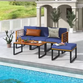 5-Piece Patio Acacia Wood Chair Set with Ottoman and Coffee Table-Navy