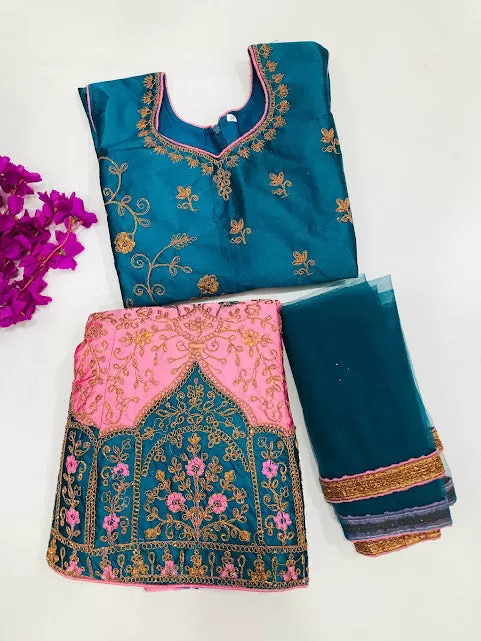 Alluring Teal Blue Color Satin Embroided Girls Choli With Zari Work