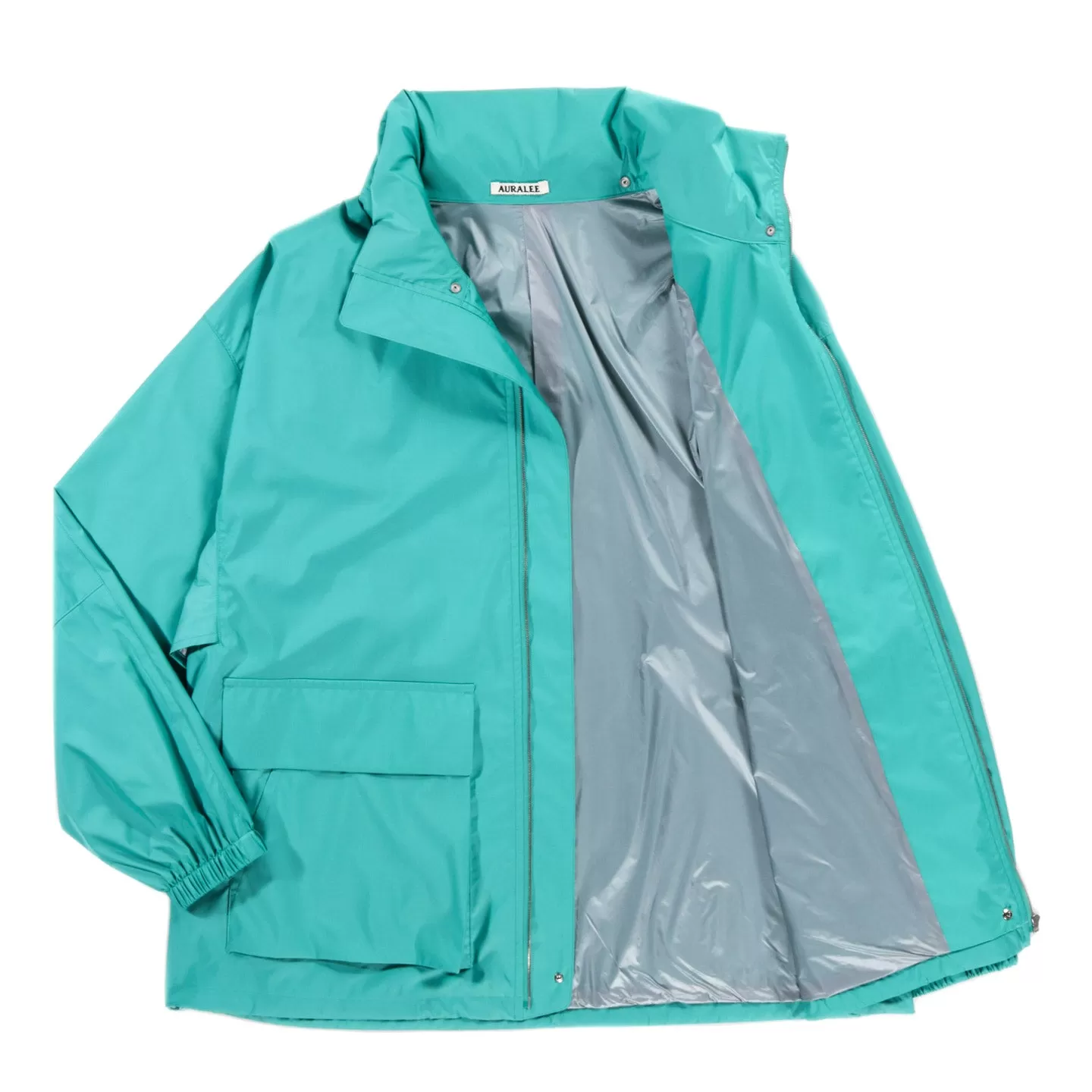 AURALEE HARD TWIST POLYESTER SATIN LAMINATE ZIP BLOUSON TURQUOISE