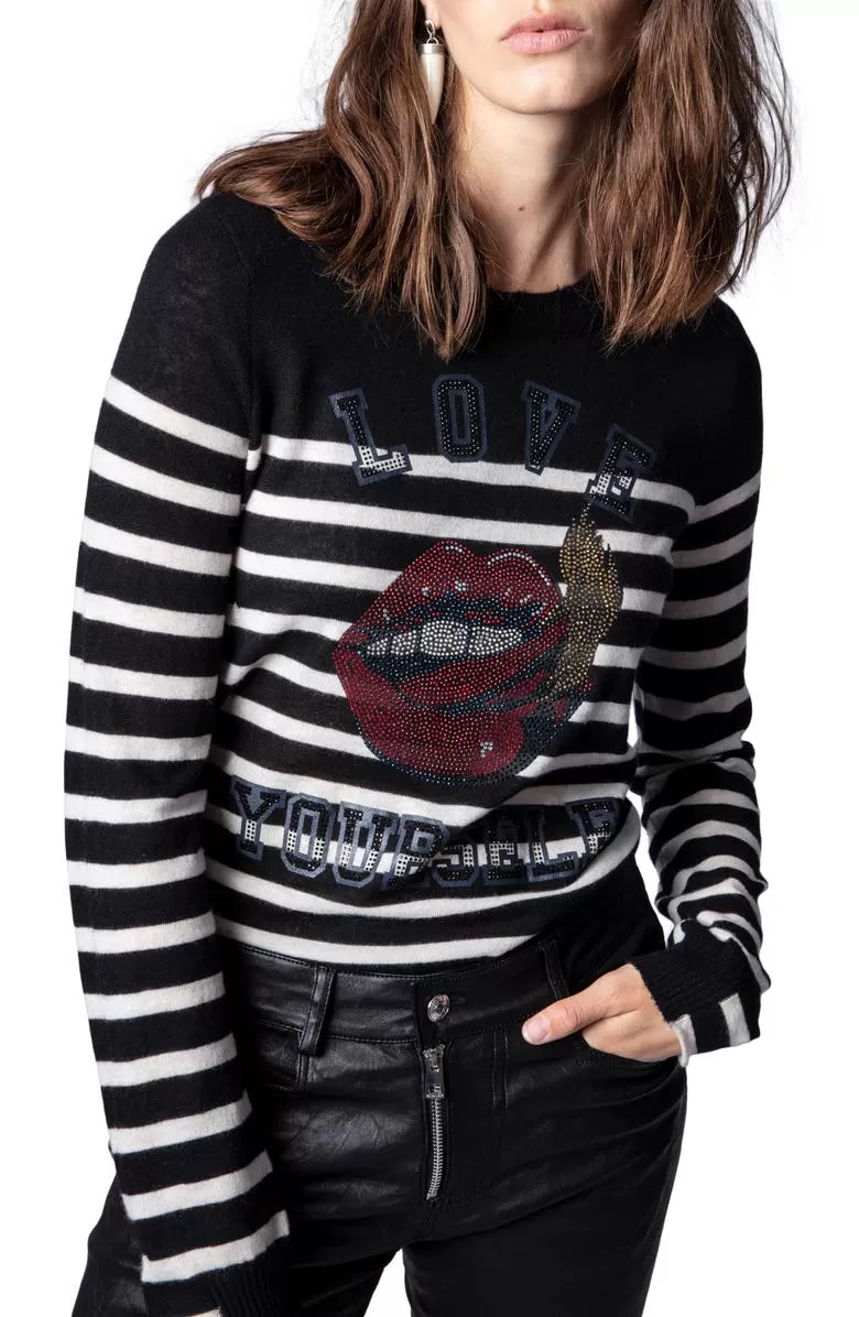 BEADED LOVE YOURSELF STRIPE CASHMERE SWEATER