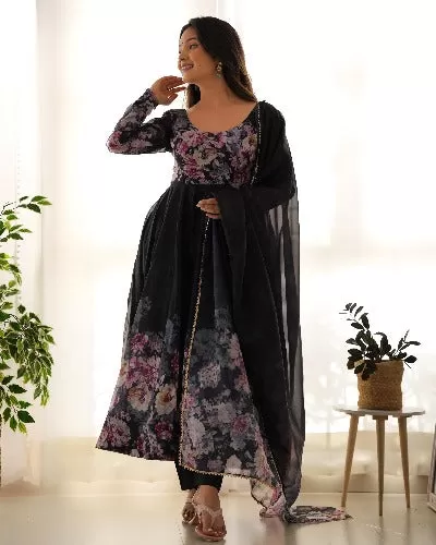 Black Floral Soft Organza Silk Anarkali Suit Set