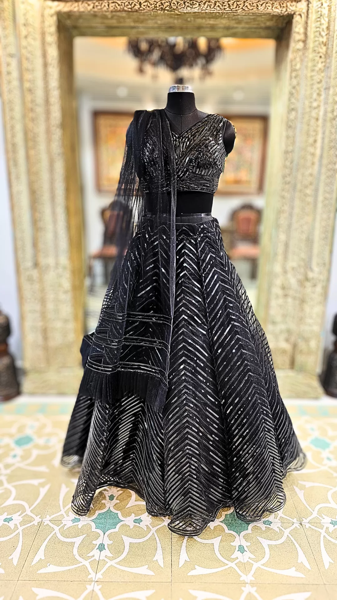 Black Net Lehenga Choli With Leather Work