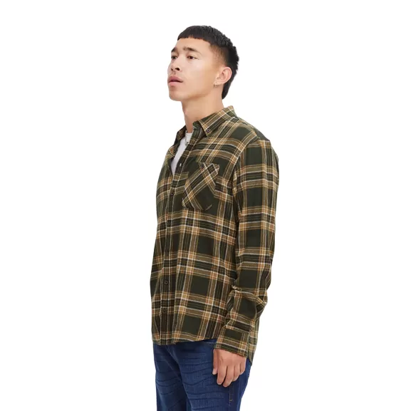 Blend men's long-sleeved checked shirt in green-brown cotton