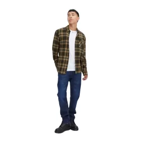 Blend men's long-sleeved checked shirt in green-brown cotton