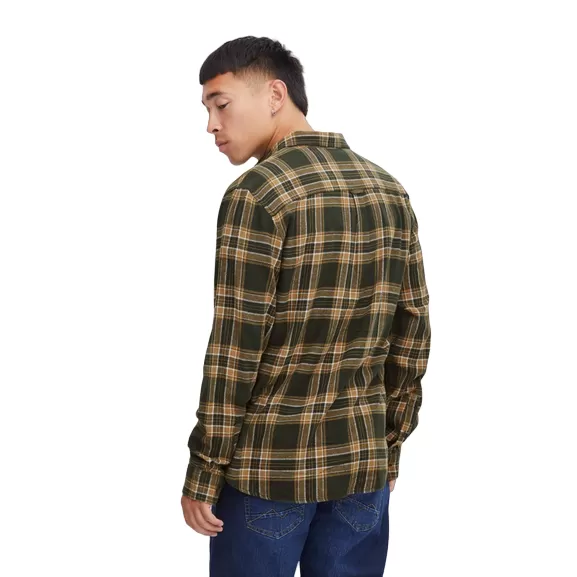 Blend men's long-sleeved checked shirt in green-brown cotton