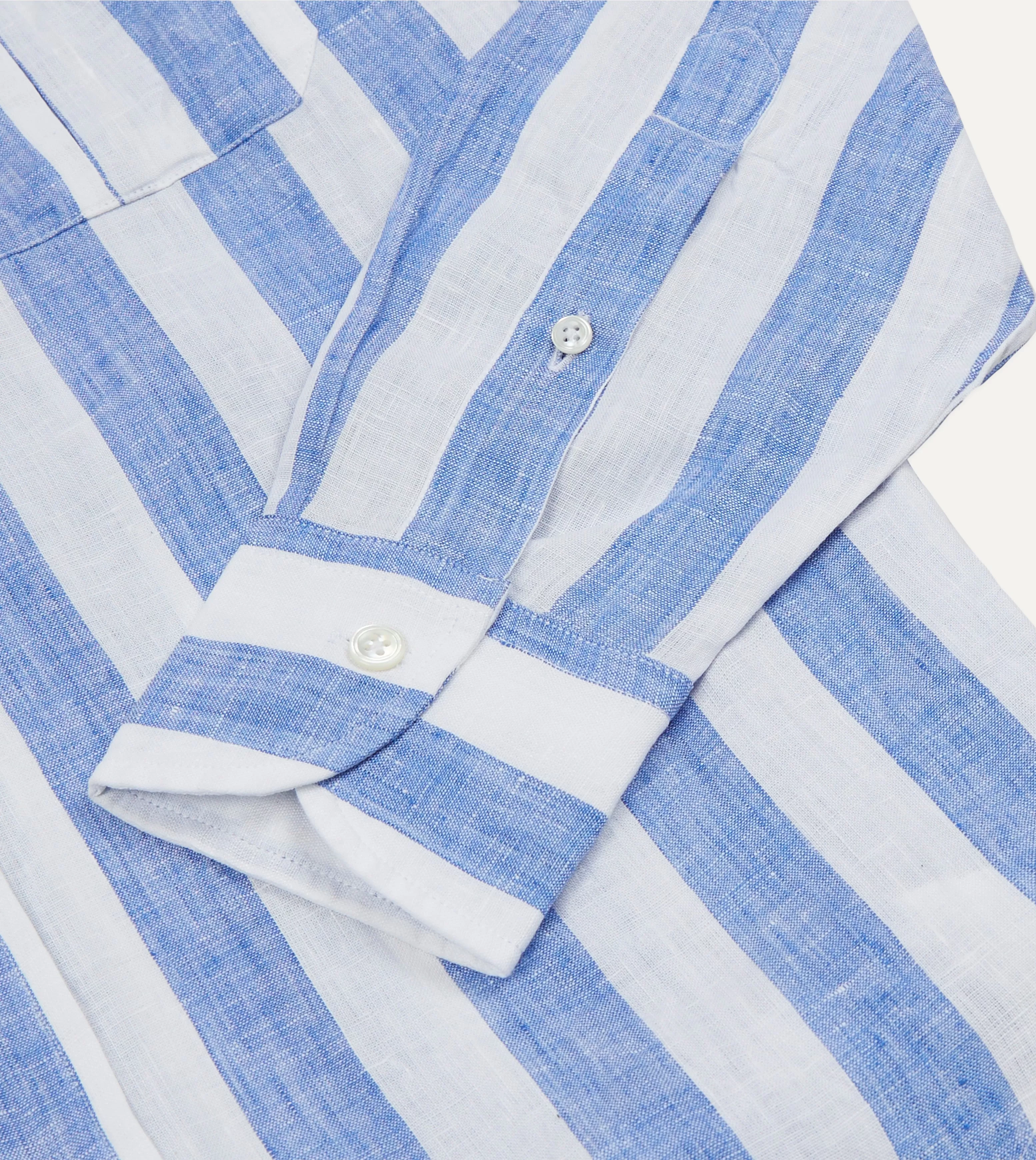 Blue and White Broad Stripe Linen Spread Collar Shirt