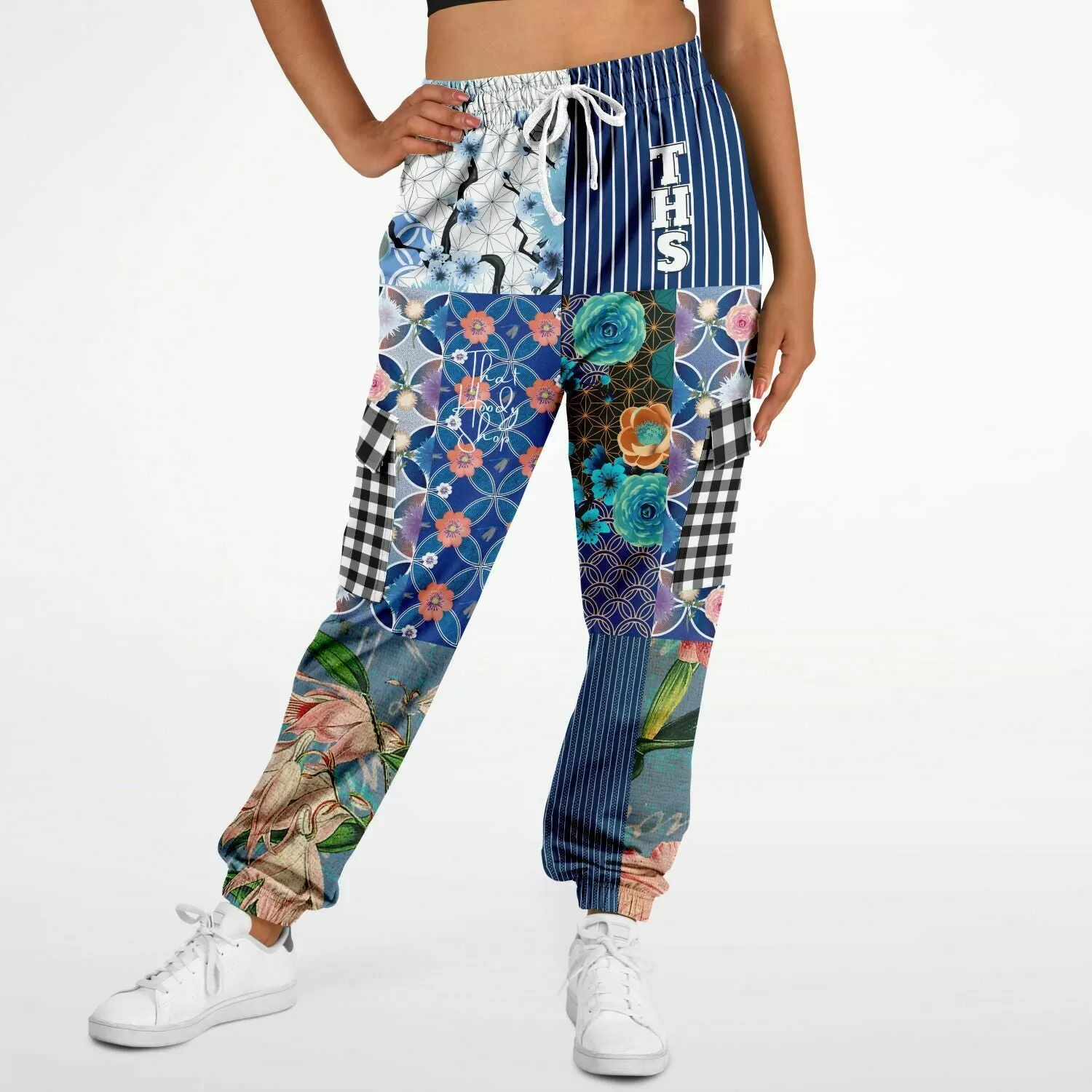 Blue Andalusian Floral Patchwork Unisex Cargo Sweats