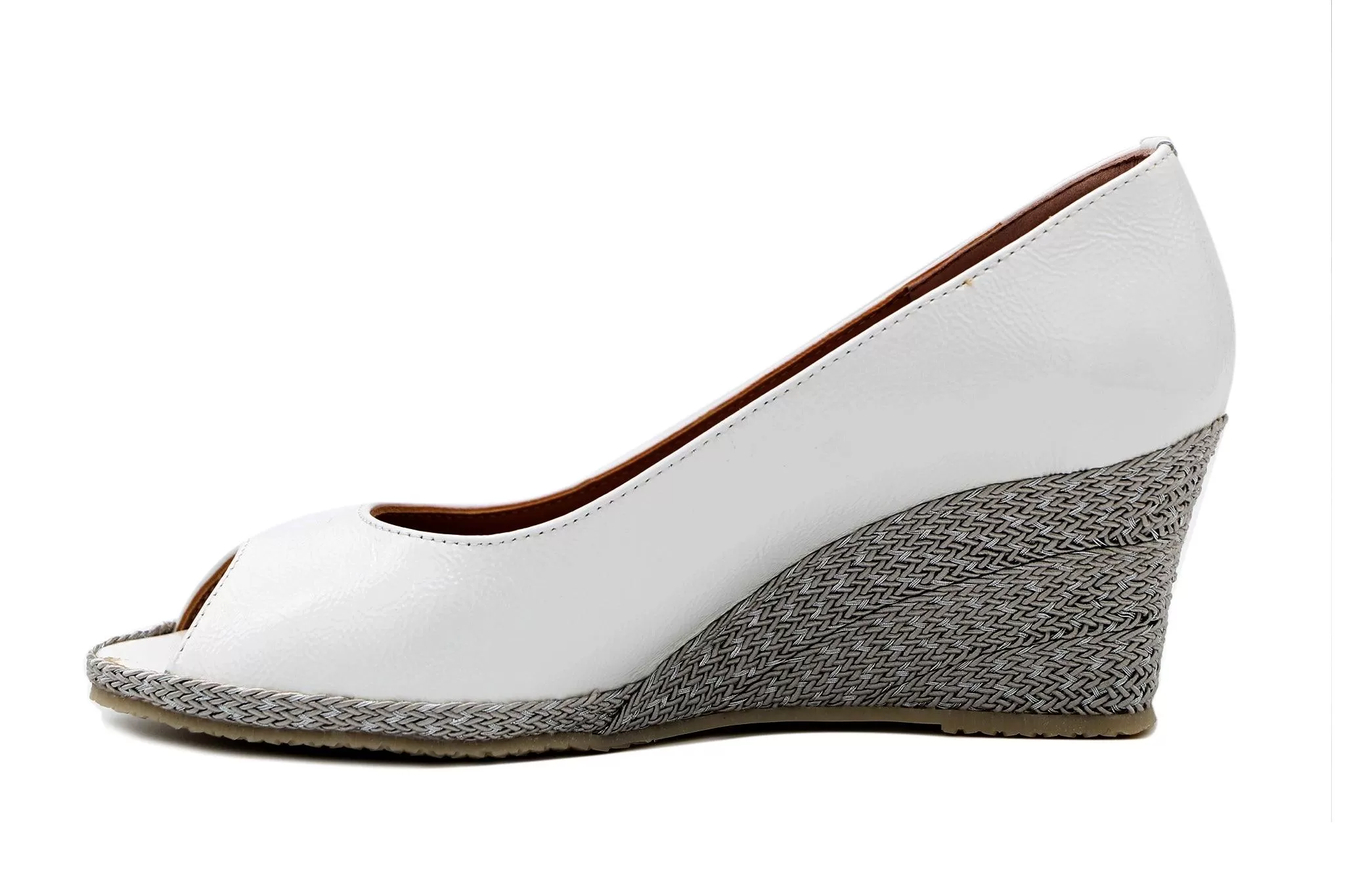 Bruno's White Patent Peep Toe Wedge shoe