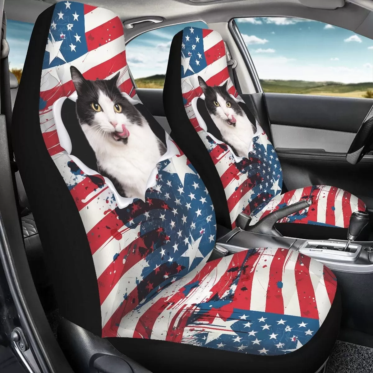 Custom Pet Face American Flag Family Car Seat Covers Universal Auto Waterproof Front Seat Protector (Set of 2)