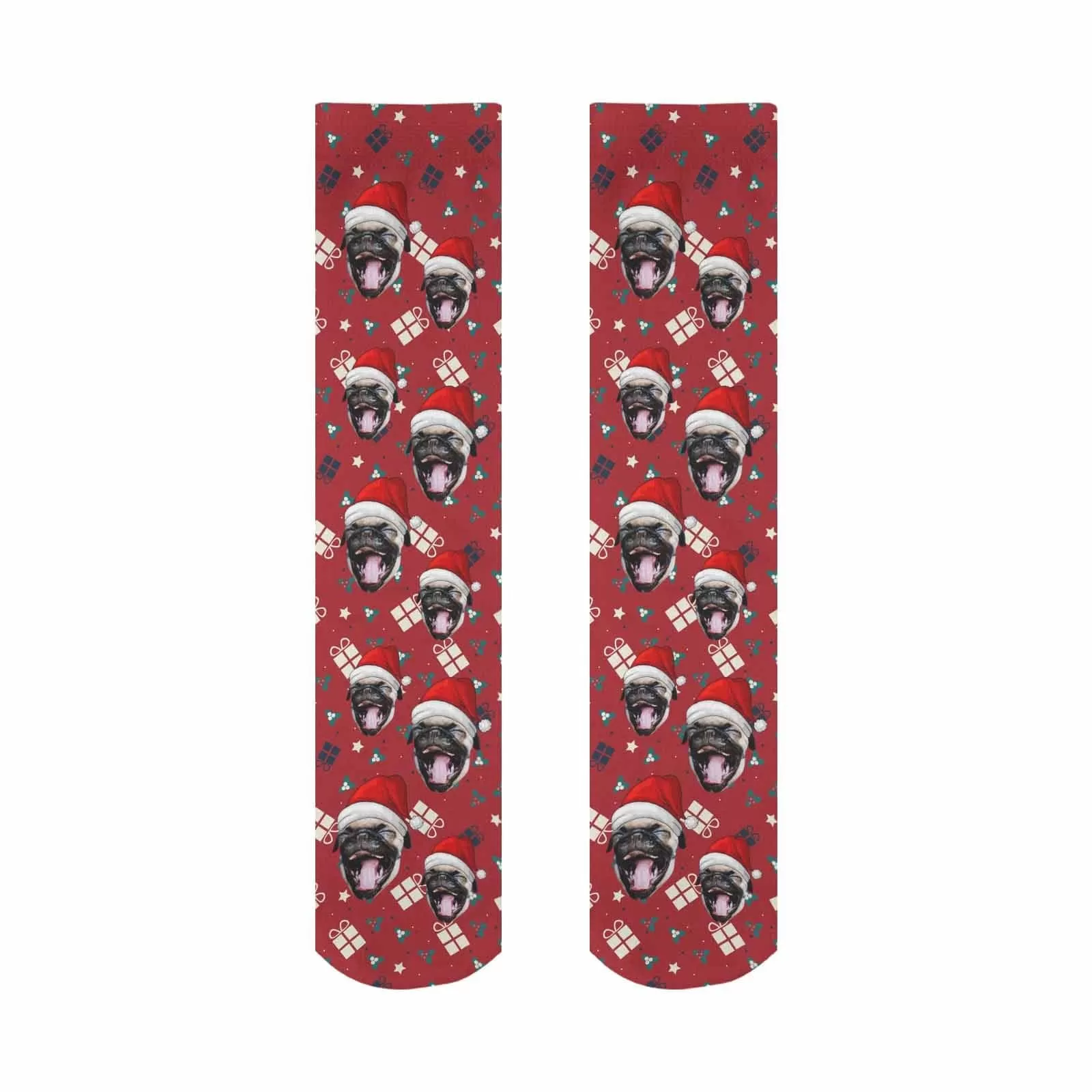 Custom Pet Face Chtistmas Gifts Red Sublimated Crew Socks Personalized Pohto Face on Socks All Over Print Gift Unisex