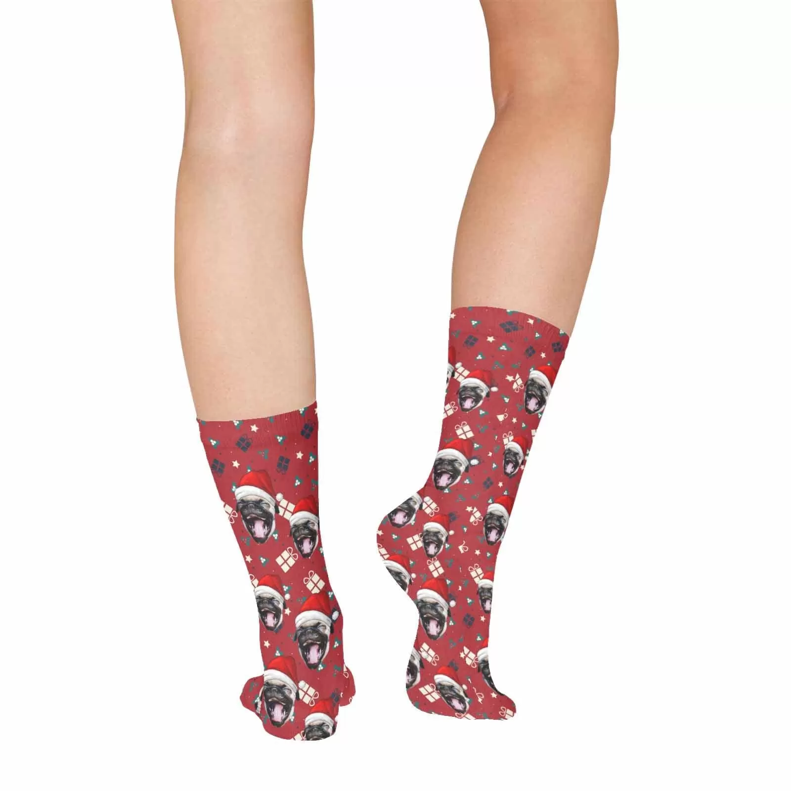 Custom Pet Face Chtistmas Gifts Red Sublimated Crew Socks Personalized Pohto Face on Socks All Over Print Gift Unisex