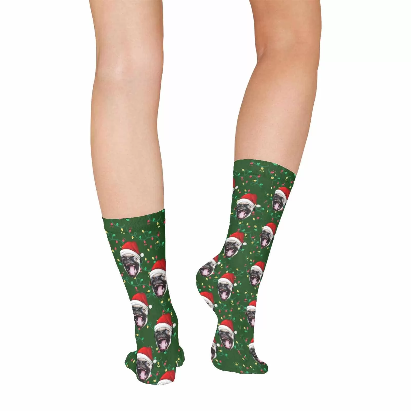 Custom Pet Face Chtistmas Green Sublimated Crew Socks Personalized Pohto Face on Socks All Over Print Gift Unisex