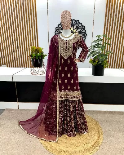 Dark Maroon Georgette Sequenced Embroidered Gharara Suit Set