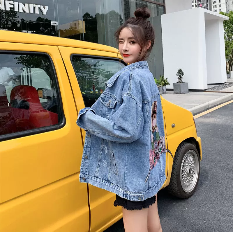 Denim Jacket With Woman Print On Back