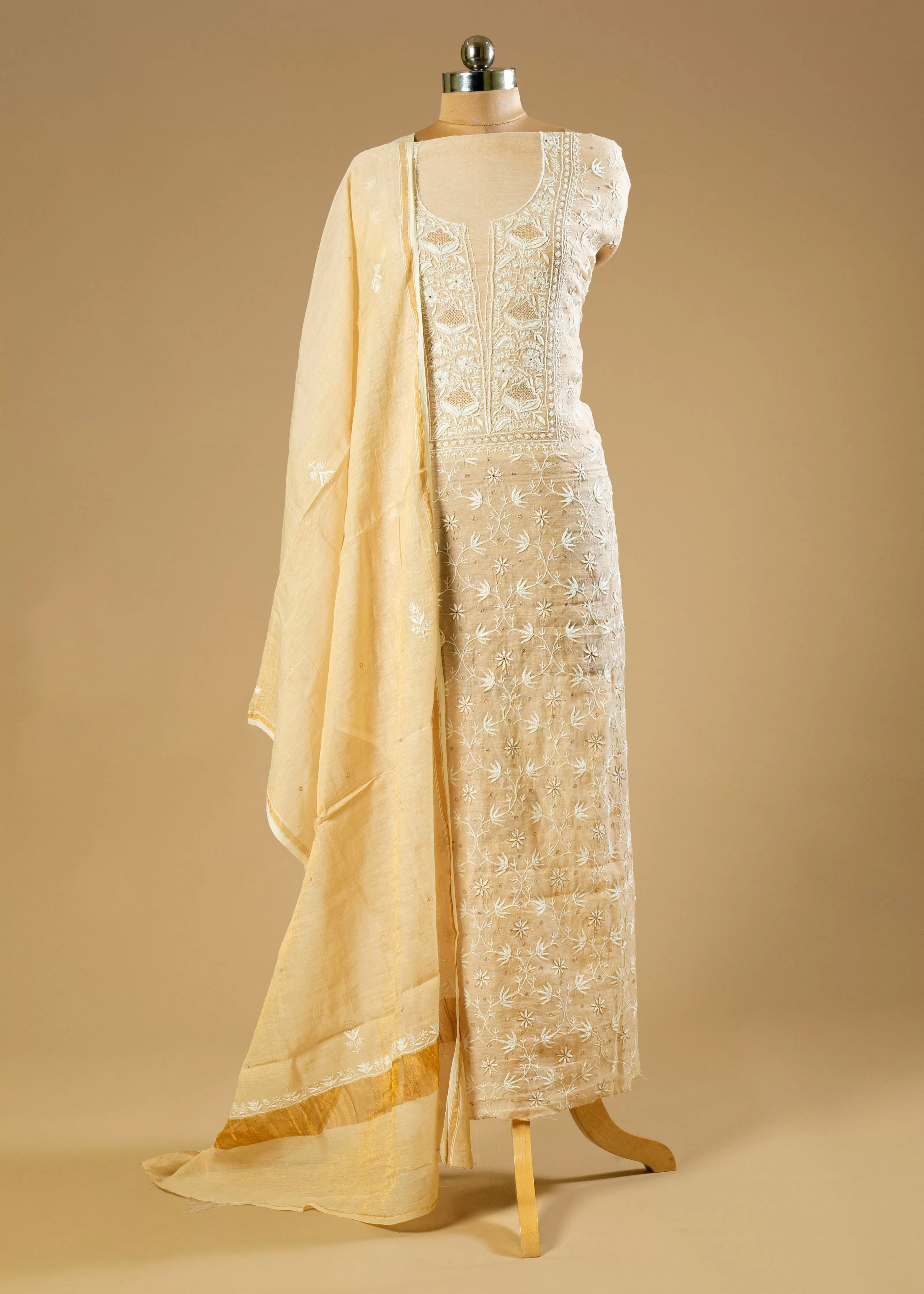 Dyeable Hand-Embroidered Chikankari Lucknowi Shirt with Crystal Pipe Work and Pure Chanderi Tissue Fabric