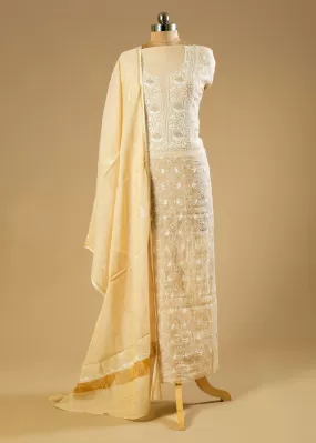 Dyeable Hand-Embroidered Chikankari Lucknowi Shirt with Crystal Pipe Work and Pure Chanderi Tissue Fabric