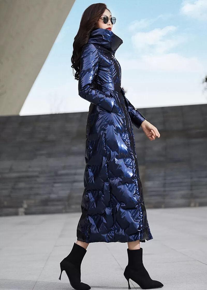 Fiona Glossy Blue Hooded Belted Long Down Puffer Parka