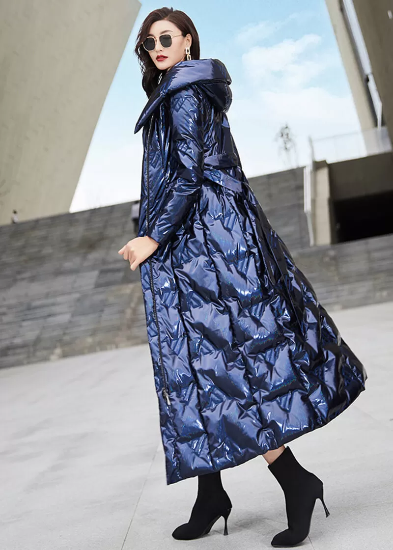 Fiona Glossy Blue Hooded Belted Long Down Puffer Parka