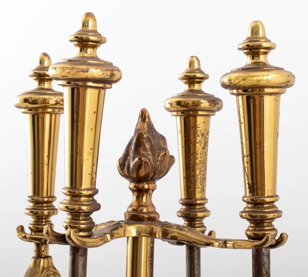 Five Piece Gilt Bronze Fireplace Tool Set