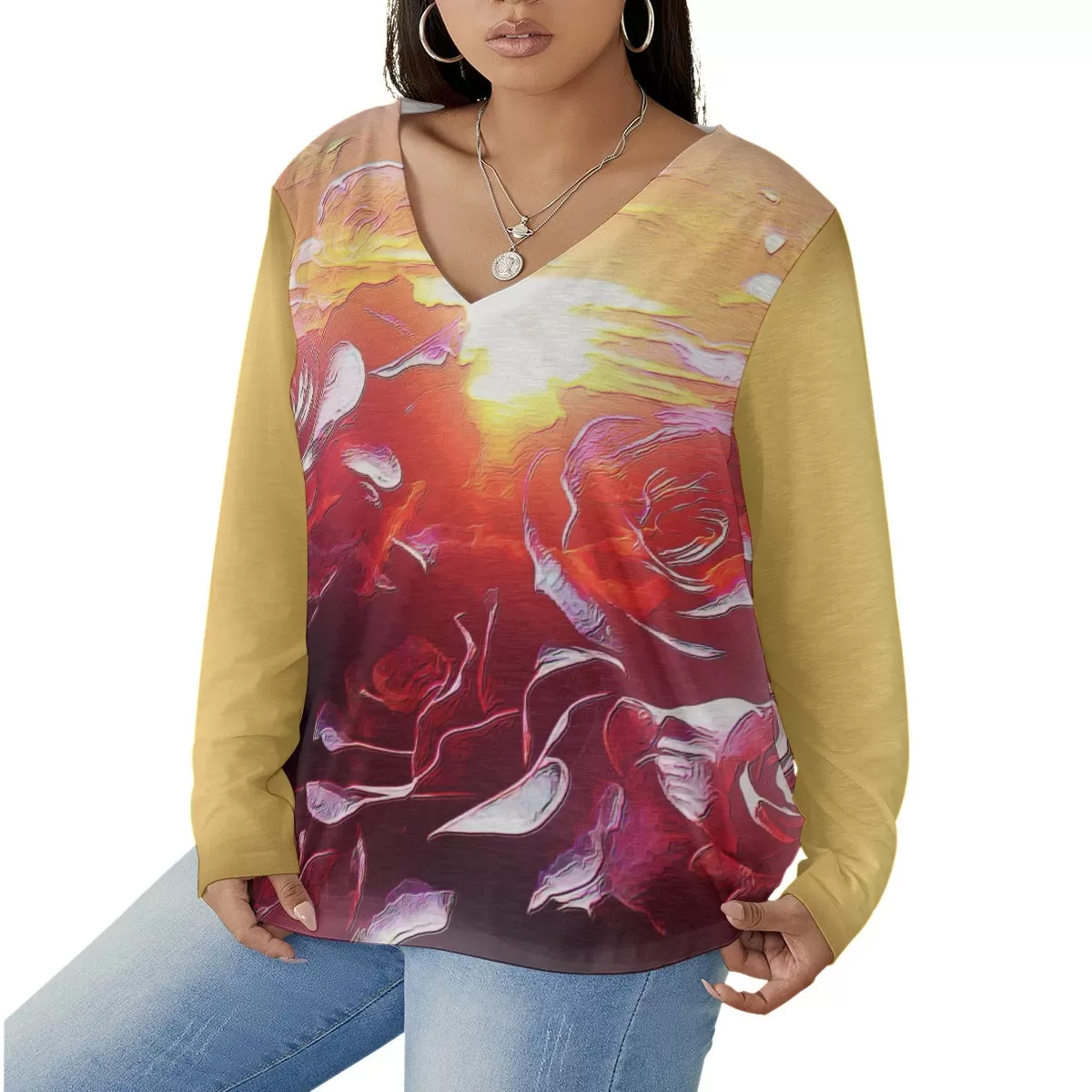 Floral Embosses: Rose Daydream 01 Designer V-neck Curved Hem Long Sleeve Plus Size Blouse