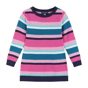 Girls Pink Navy Striped Knit Sweater Dress