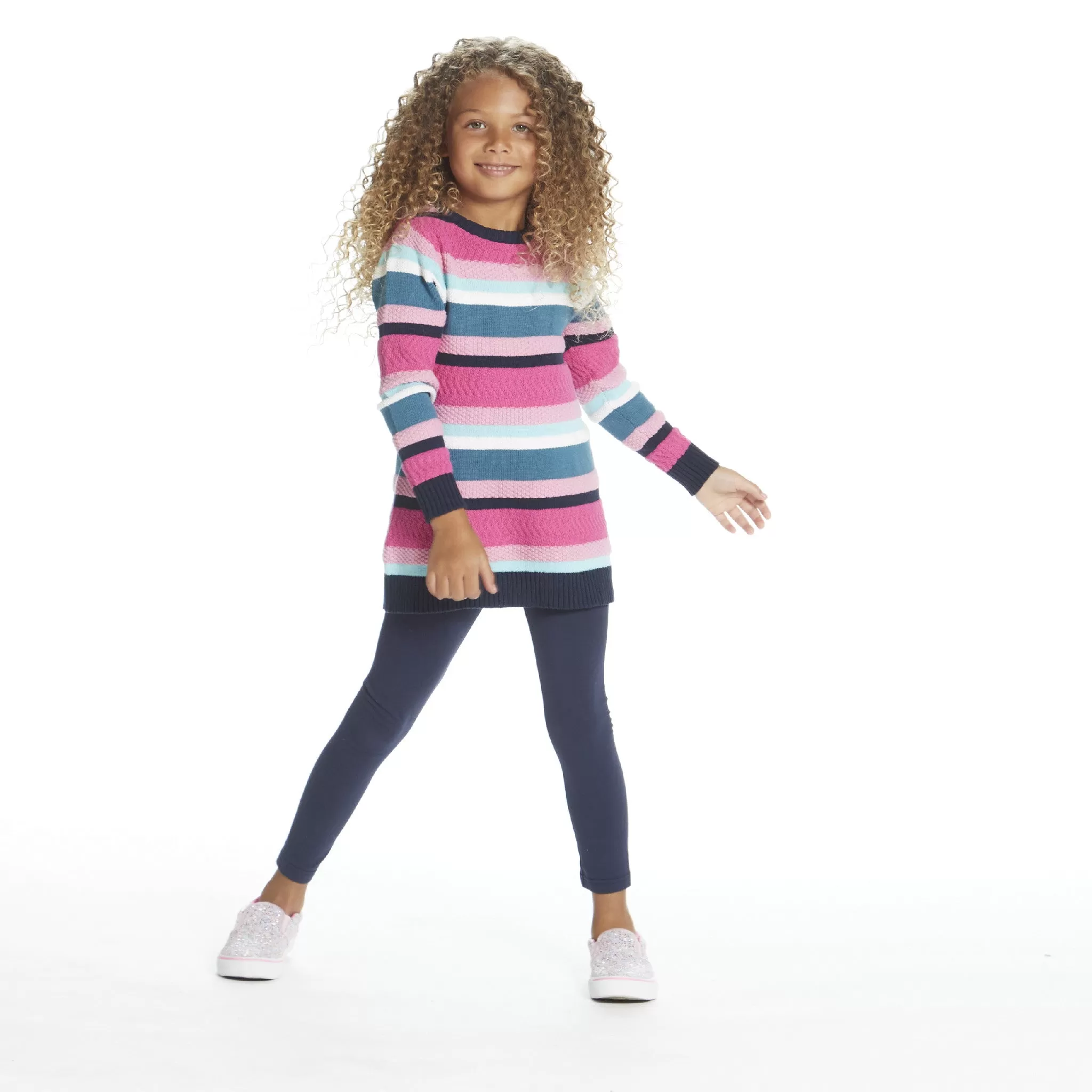 Girls Pink Navy Striped Knit Sweater Dress