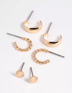 Gold Plain & Twist Stud Earring Pack