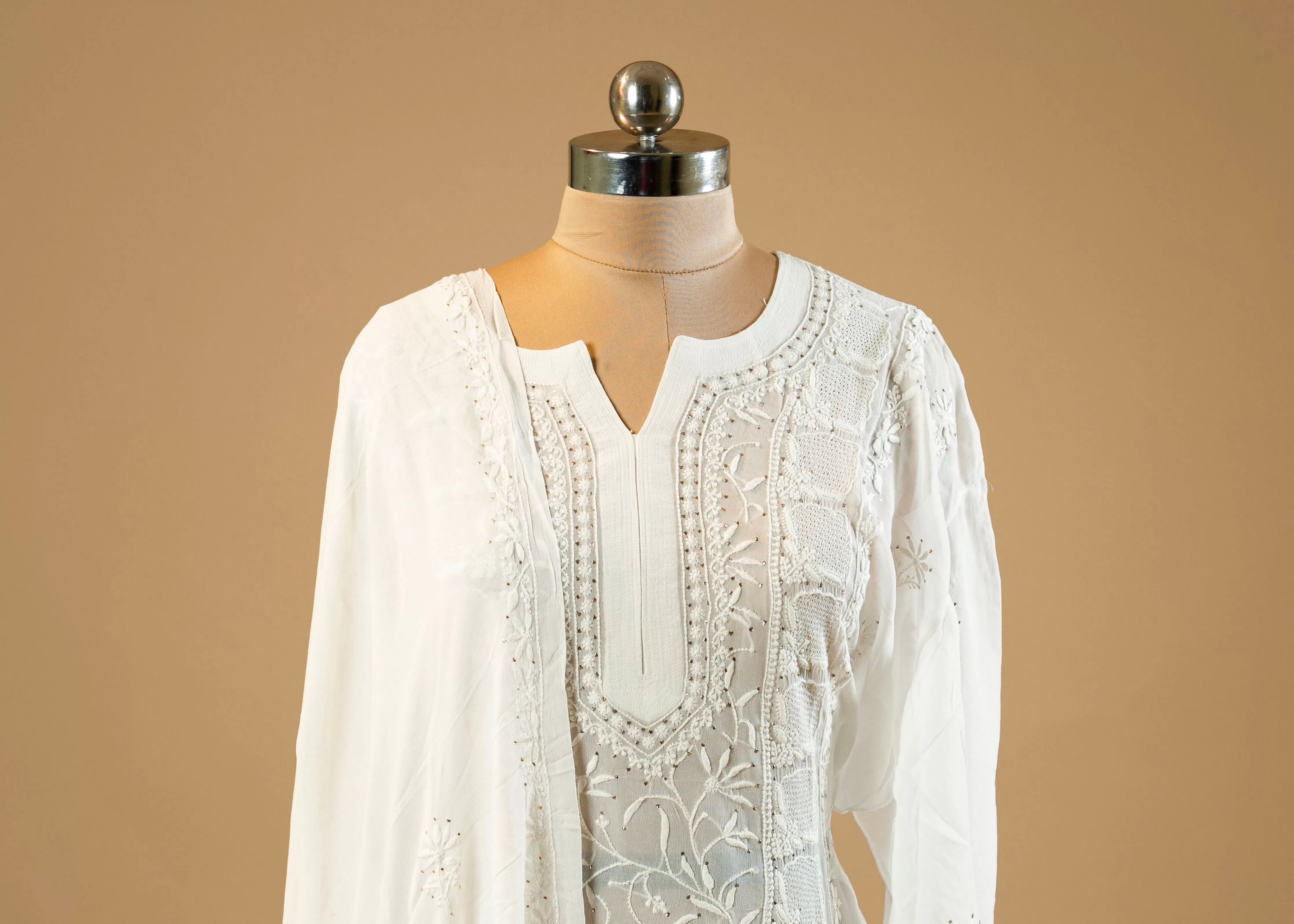 Hand-Embroidered Chikankari Lucknowi Shirt Set - Dyeable Georgette Fabric, Embroidered Dupatta, and Plain Bottoms