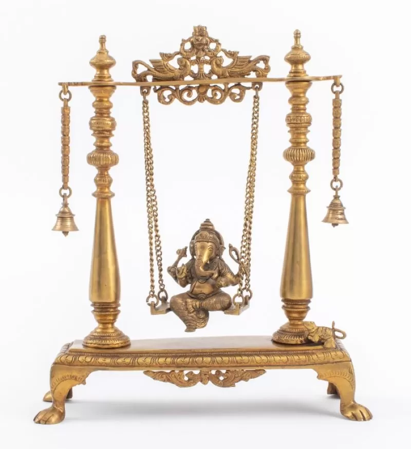 Indian Gilt Bronze Ganesha on Swing Sculpture