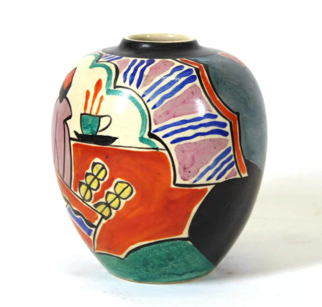 Japanese Art Deco Painted Ceramic Vase