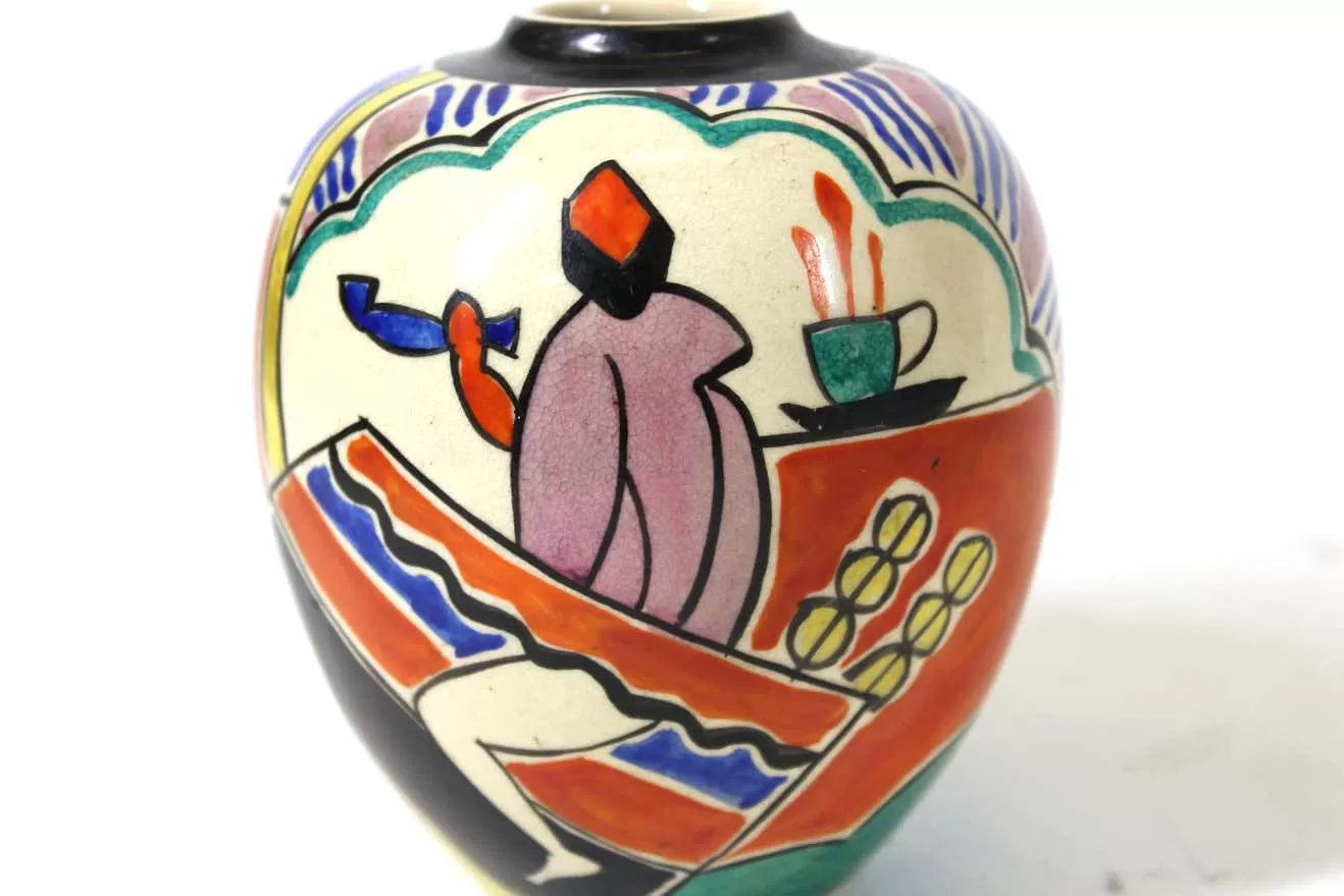 Japanese Art Deco Painted Ceramic Vase