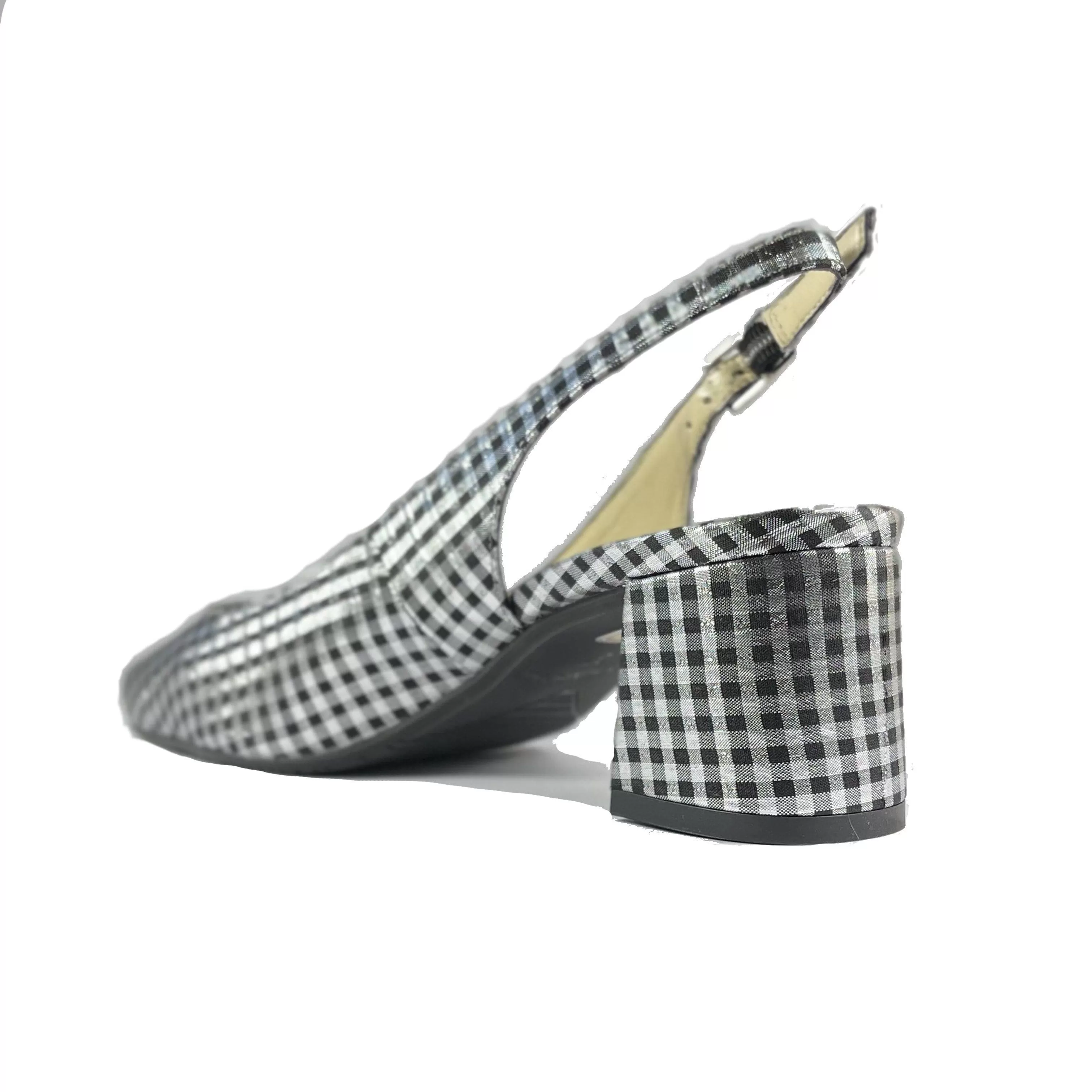 'Jeanne' vegan textile slingback heel by Zette Shoes - metallic silver/black gingham