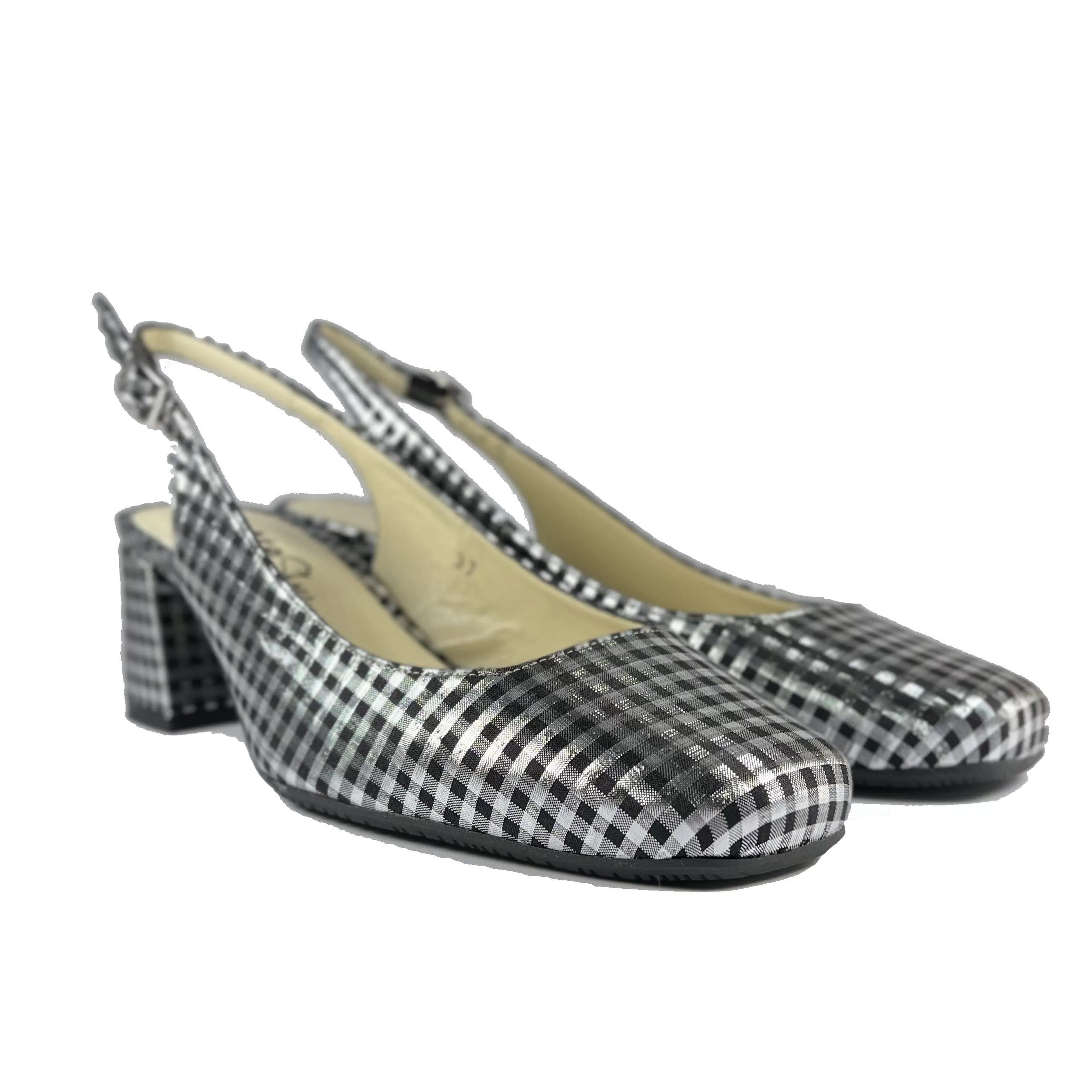 'Jeanne' vegan textile slingback heel by Zette Shoes - metallic silver/black gingham