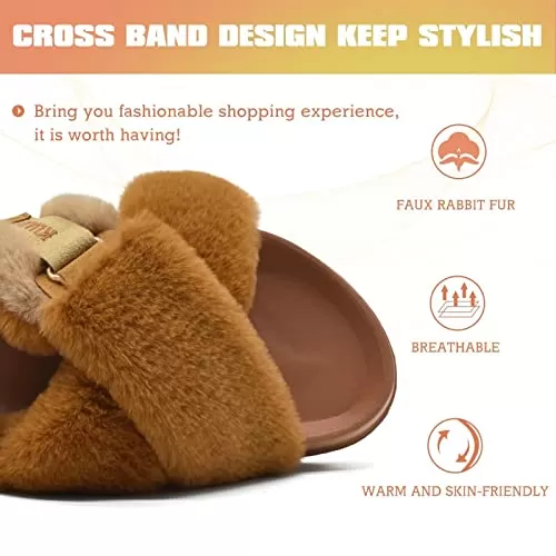 KuaiLu Womens Fuzzy Cross Band Platform Slippers with Back Strap for Summer, Fluffy Furry Ladies Open Toe Slingback Slide Slippers, Cozy Plush Fleece Comfy House Shoes Sandals Tan 11