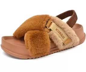 KuaiLu Womens Fuzzy Cross Band Platform Slippers with Back Strap for Summer, Fluffy Furry Ladies Open Toe Slingback Slide Slippers, Cozy Plush Fleece Comfy House Shoes Sandals Tan 11