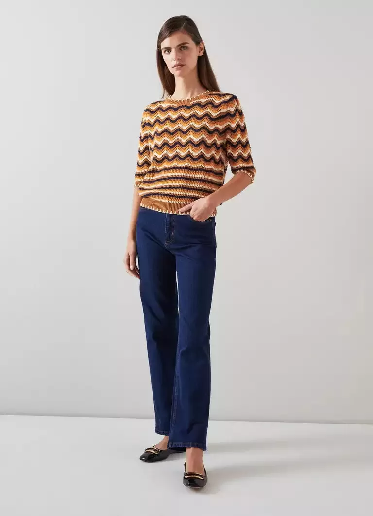 LK Bennett Soni Brown Multi Cotton Wavy Knitted Top