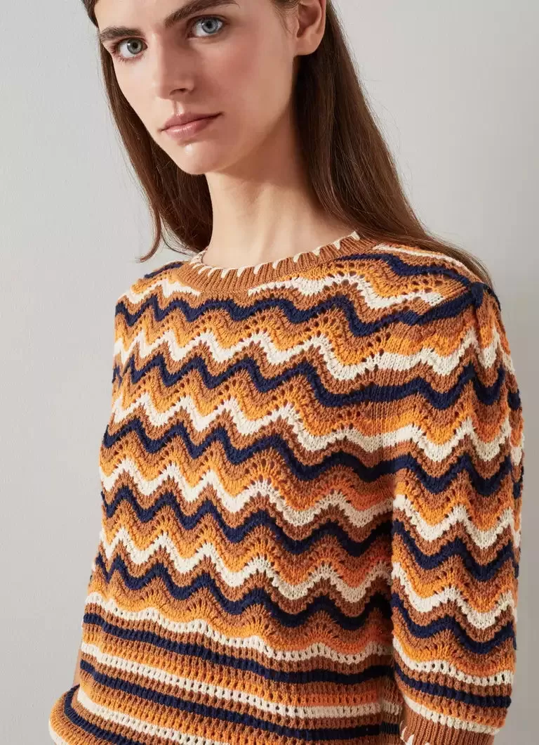 LK Bennett Soni Brown Multi Cotton Wavy Knitted Top