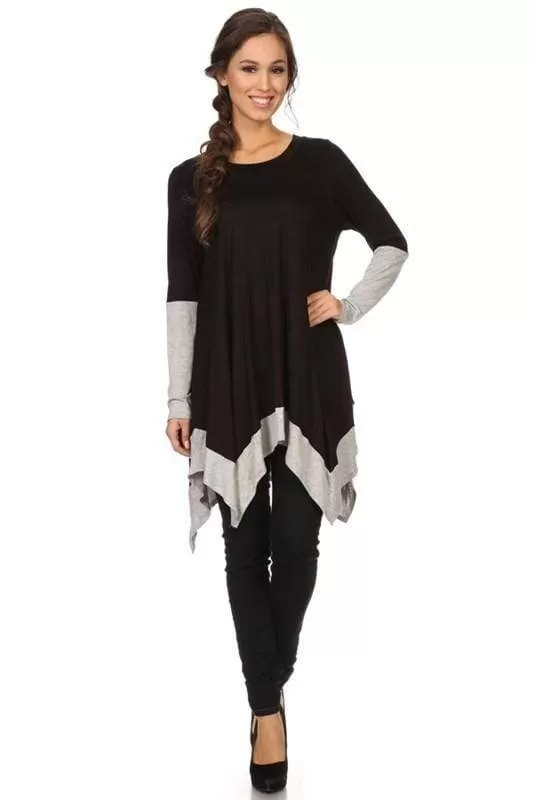 Long Sleeve Black Color Block Tunic