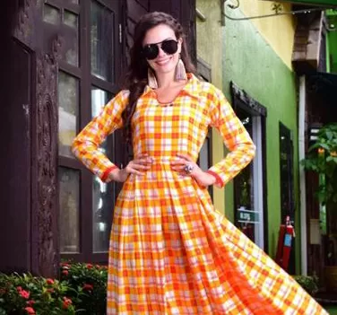 Lovely Orange Cotton Collared Long Anarkali