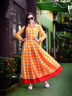 Lovely Orange Cotton Collared Long Anarkali