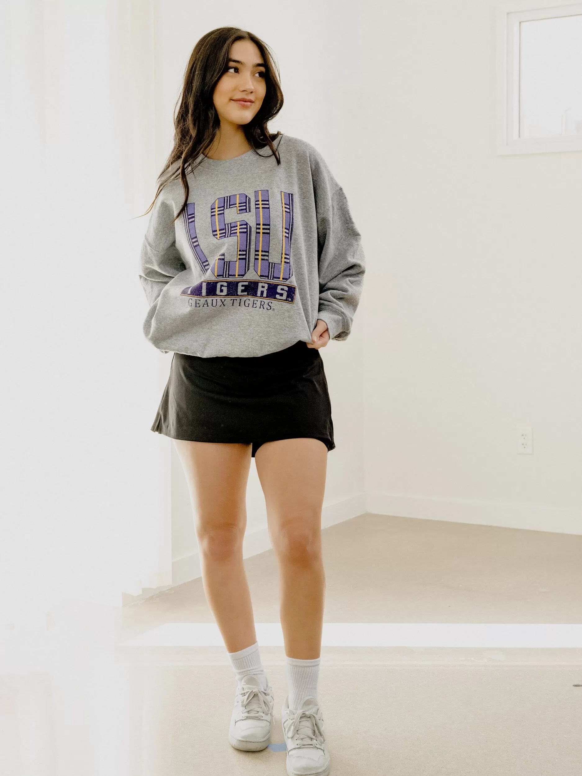 LSU Tigers Preppy Plaid Gray Thrifted Sweatshirt