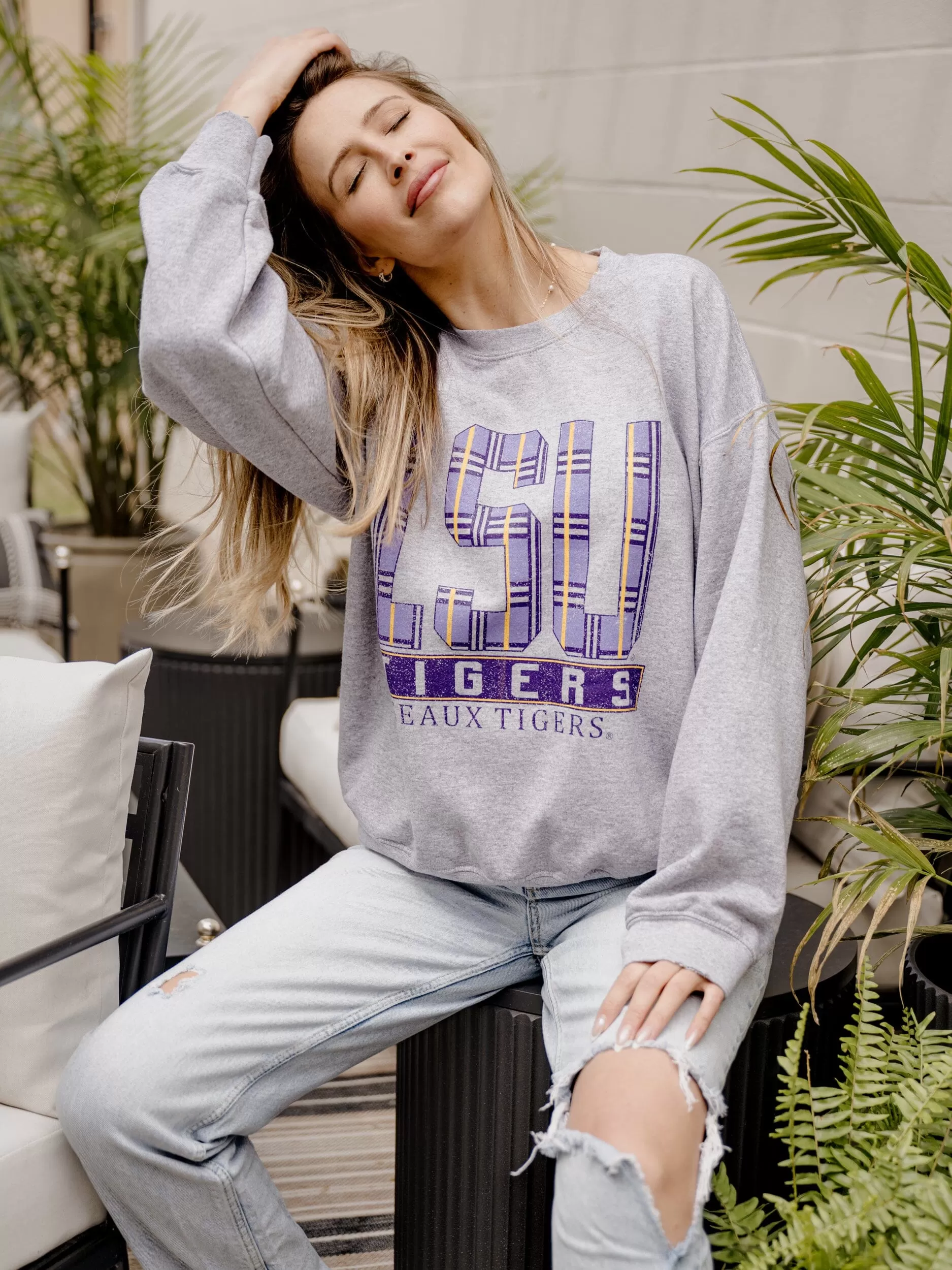 LSU Tigers Preppy Plaid Gray Thrifted Sweatshirt